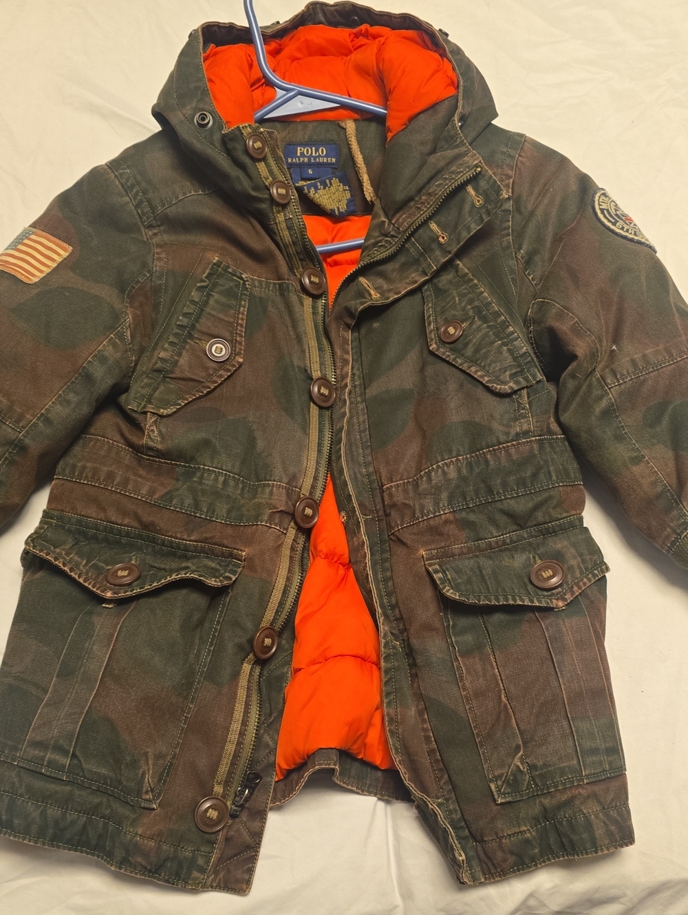 Polo Ralph Lauren Boys Camo Puffer Jacket USA Patch Orange Lined Size 6